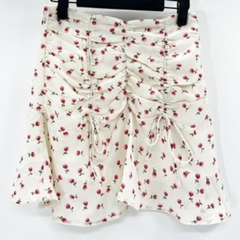 Princess Polly Floral Ruched Mini Skirt Cream Pink Rosebud Drawstring Womens‎ 4